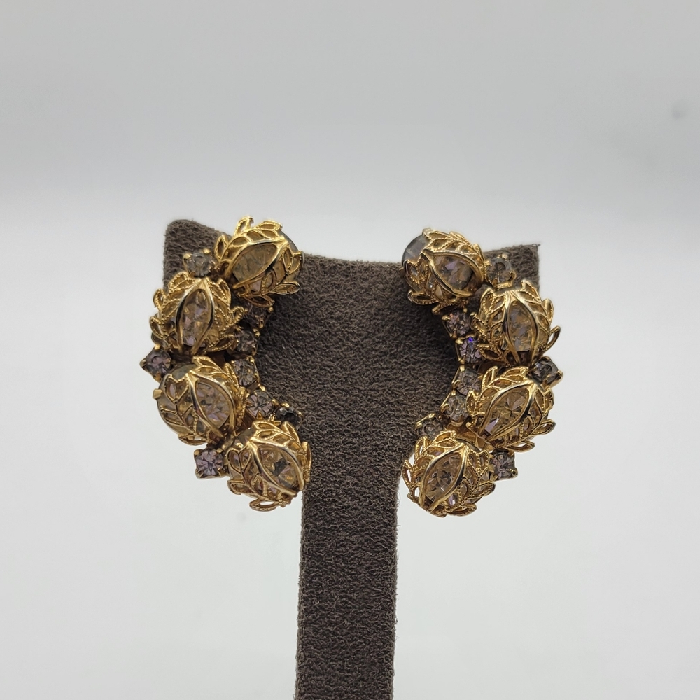 Vintage Rhinestone Gold tone filigree Ear climber Clip on earrings